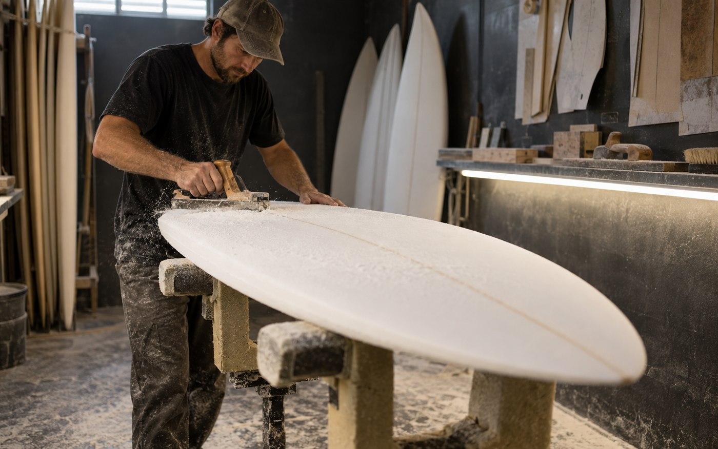 Surfboard shaper working on a custom board in a shaping bay.
