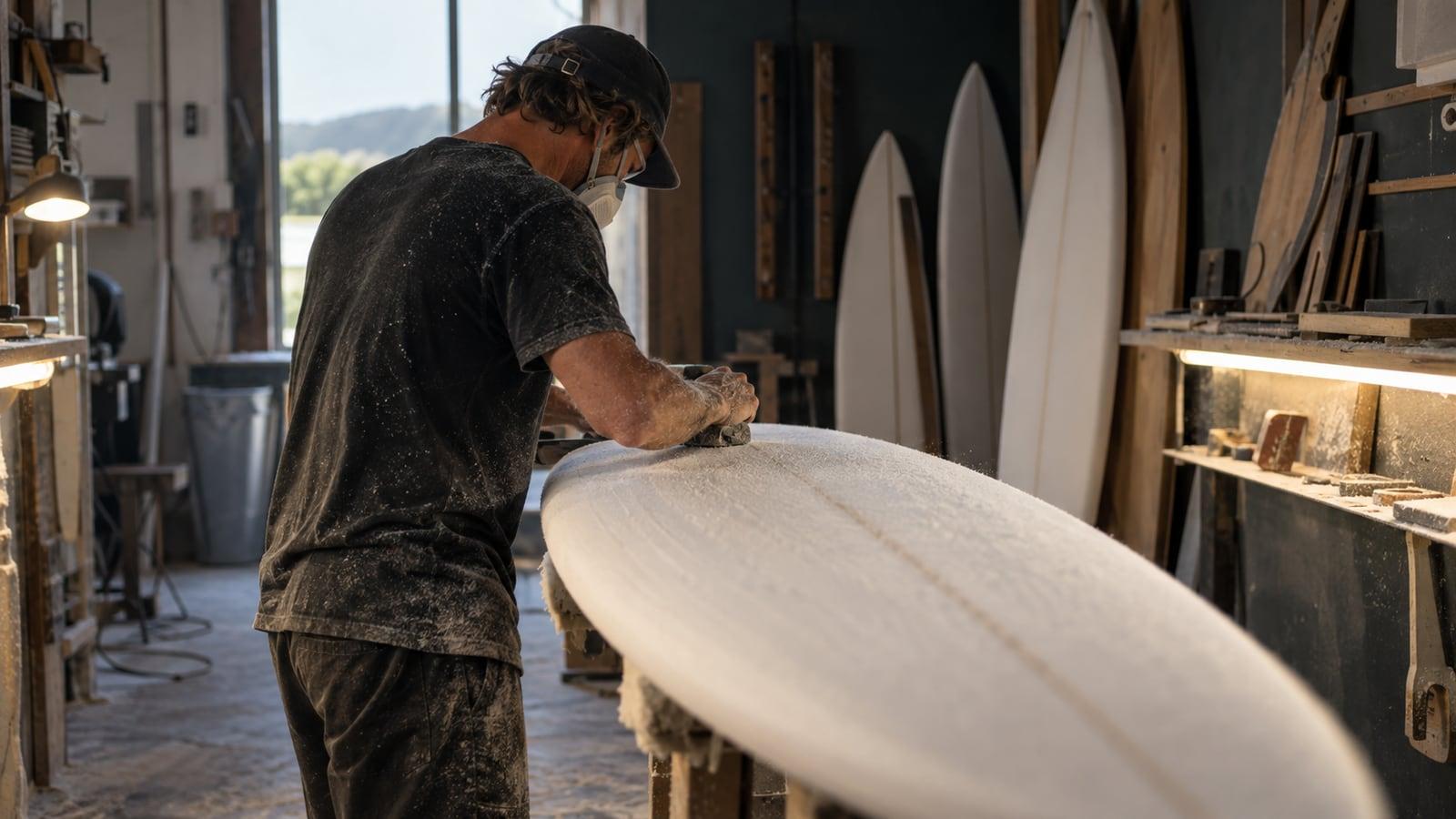 A surfboard shaper working across a surfboard blank in a shaping bay.