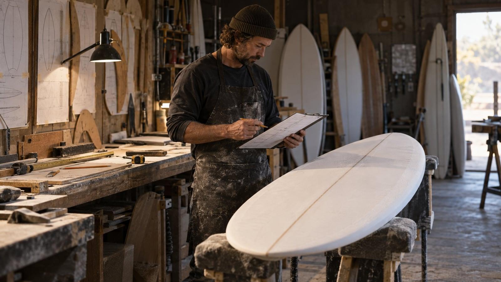 A surfboard shaper reviewing custom order details beside a board in progress.