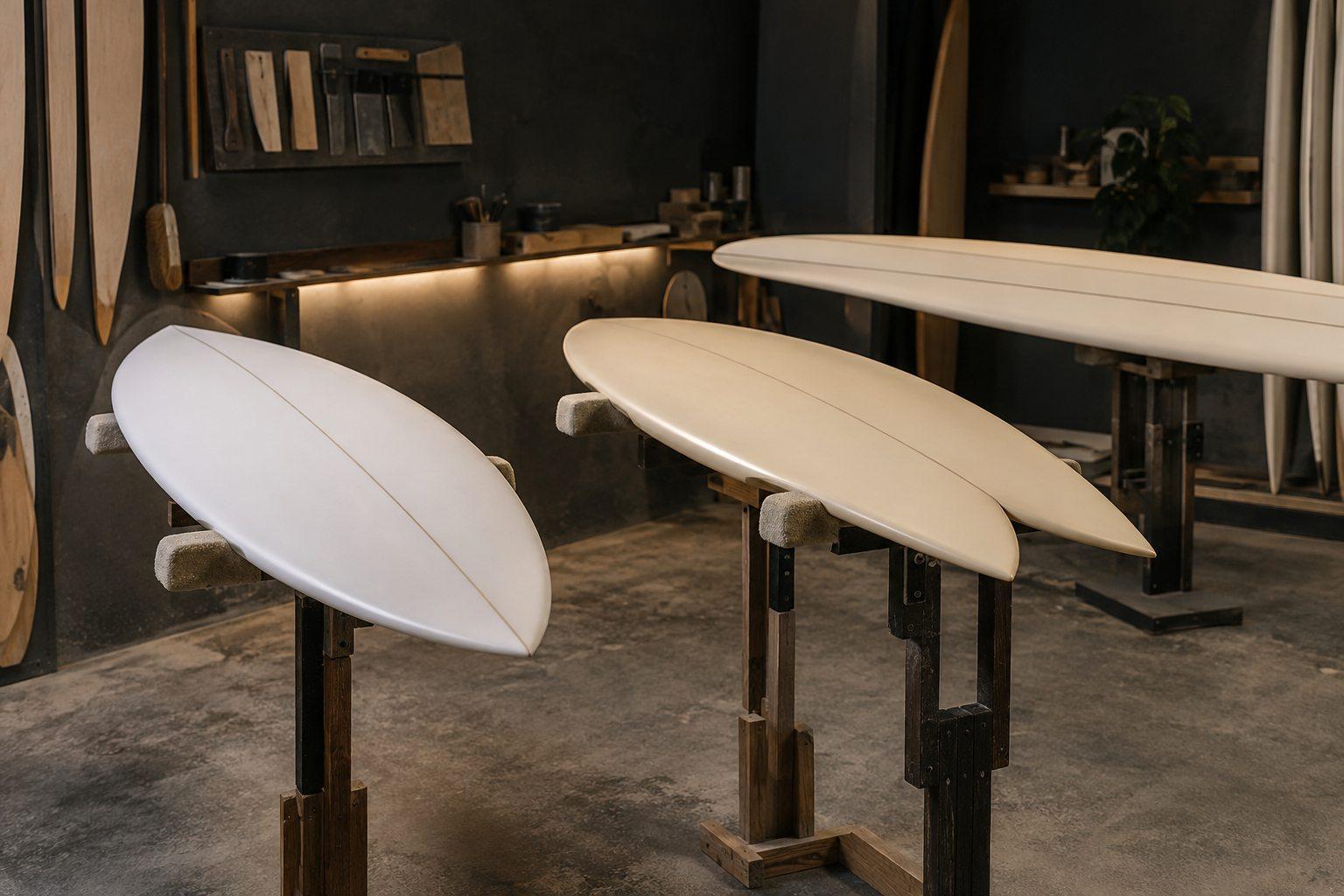 Custom surfboards waiting in a shaping workshop.